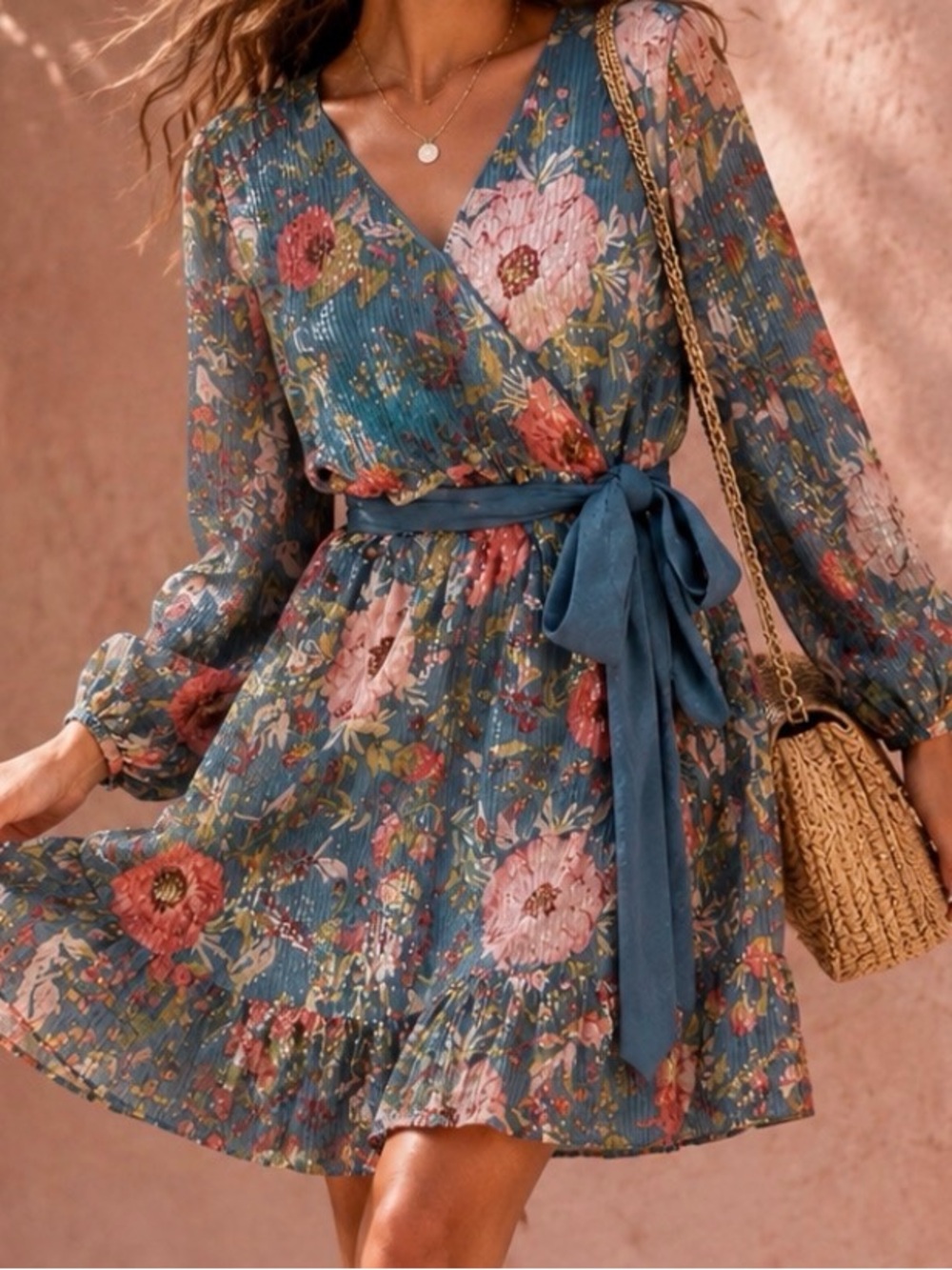 NWT Lauren Conrad Floral Faux Wrap Dress V-Neck & Tie Waist - Overall Sequins L